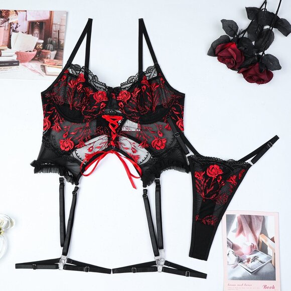 Embroidery Floral Longline Bra Set Women Lingerie Set Black Mesh Underwear - Picture 8 of 12